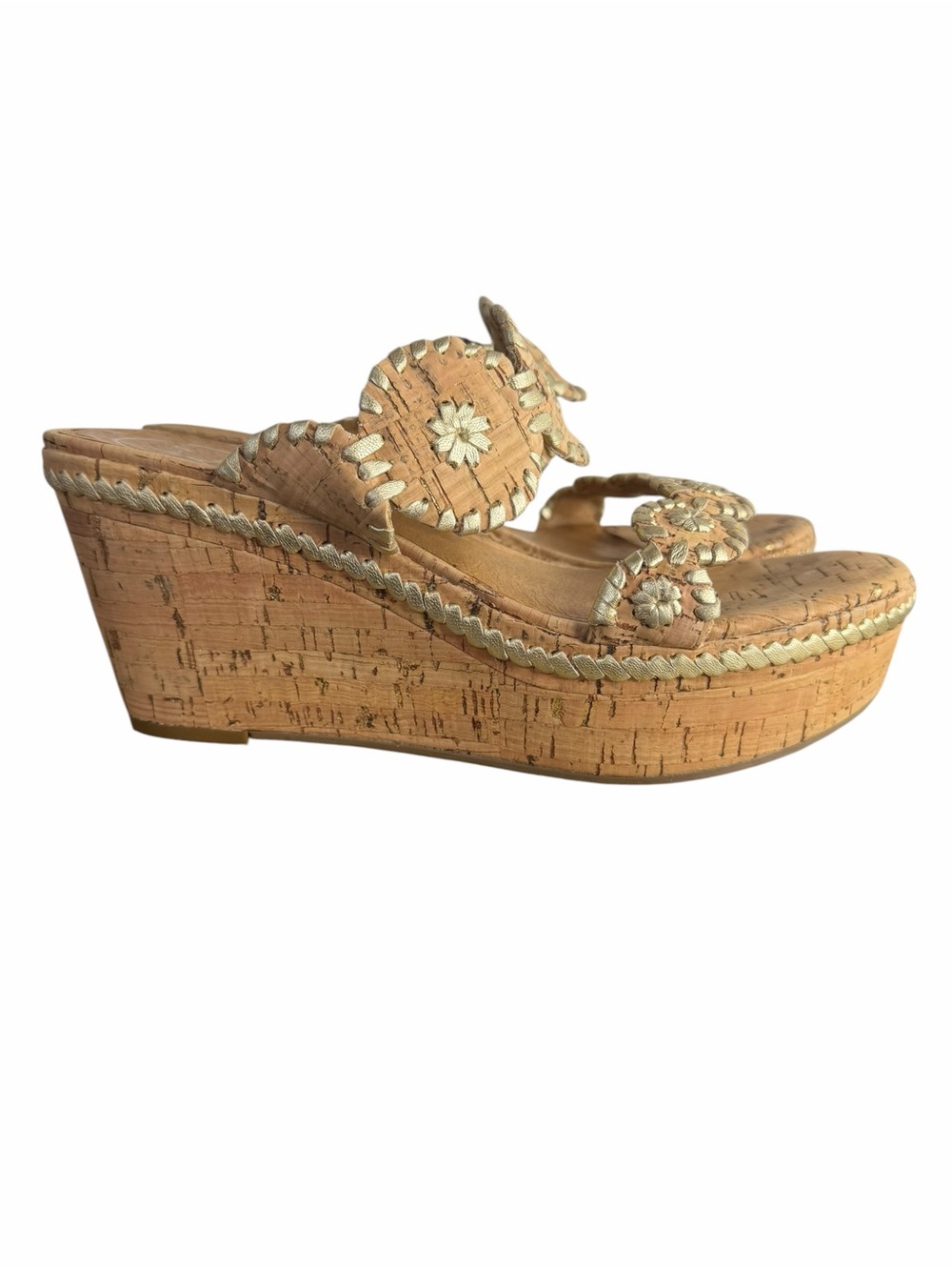 Jack Rogers Leigh Double Strap Wedge Sandals size 8.5M Gold Cork Shoes